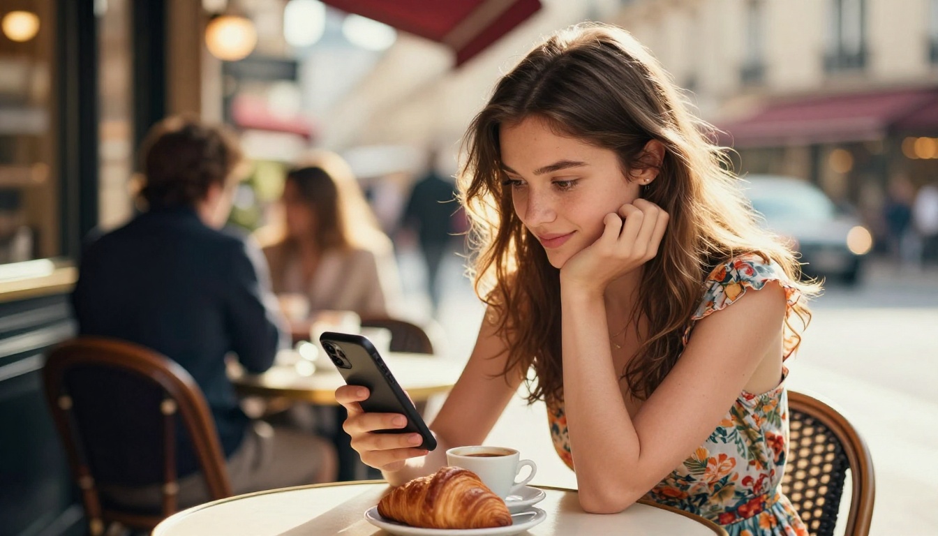 A young woman in a floral dress at a sunlit Parisian cafe looking at her phone with a warm engaged expression A young woman in a floral dress at a sunlit Parisian cafe looking at her phone with a warm engaged expression