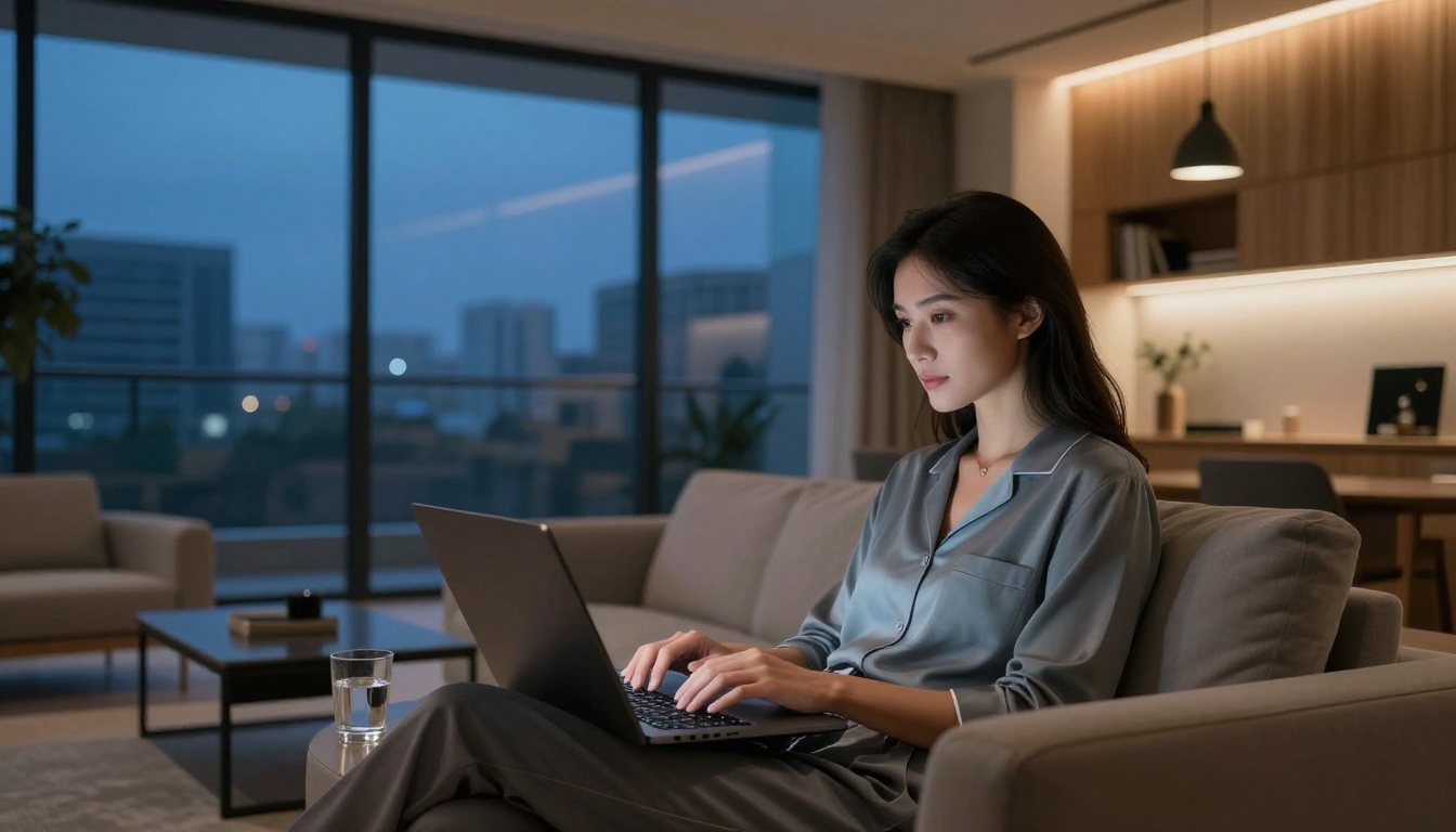 A woman in modern casual clothing working on a laptop in a bright living room with city views through a large window A woman in modern casual clothing working on a laptop in a bright living room with city views through a large window
