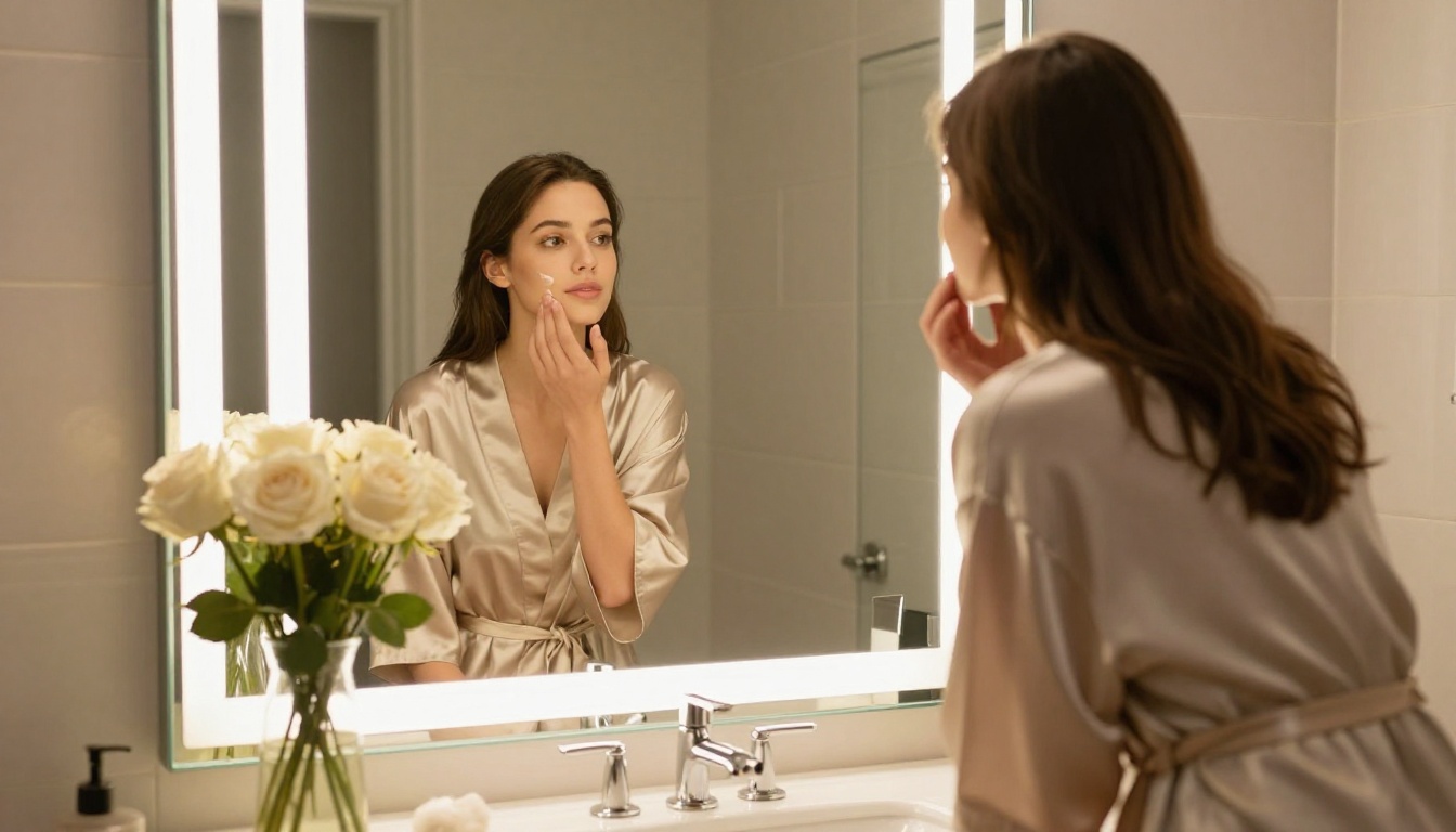 A young woman in a silk robe at a vanity mirror in warm bathroom light with white roses on the counter A young woman in a silk robe at a vanity mirror in warm bathroom light with white roses on the counter