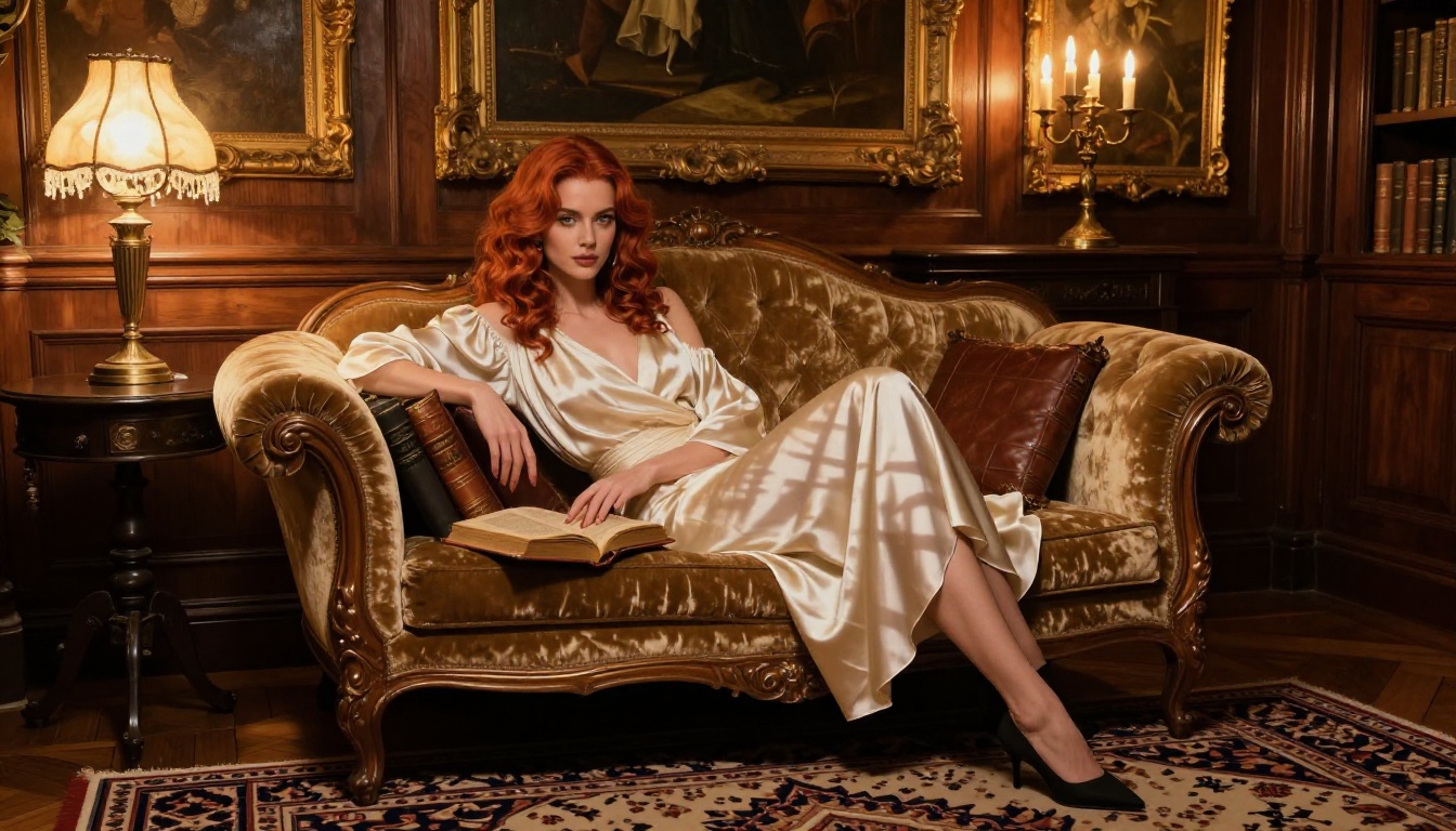 Anime-style woman in baroque European study room, photorealistic 8K