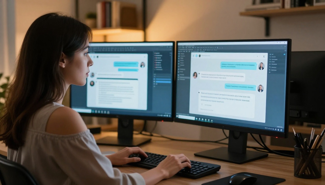 A woman at a dual-monitor desk with an AI chat interface on one screen in warm ambient lighting A woman at a dual-monitor desk with an AI chat interface on one screen in warm ambient lighting