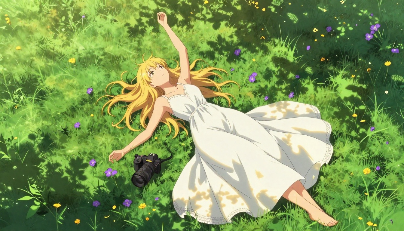 Anime woman in sunlit meadow, aerial bird's-eye view, photorealistic 8K