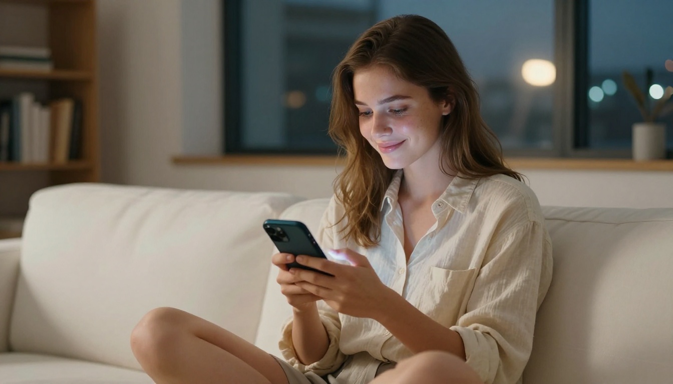 A woman sitting on a sofa, smiling warmly at her phone in golden evening light