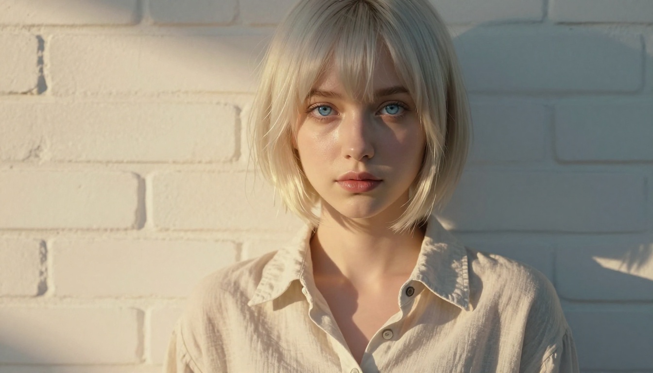 Anime woman close-up portrait, platinum blonde hair, photorealistic 8K