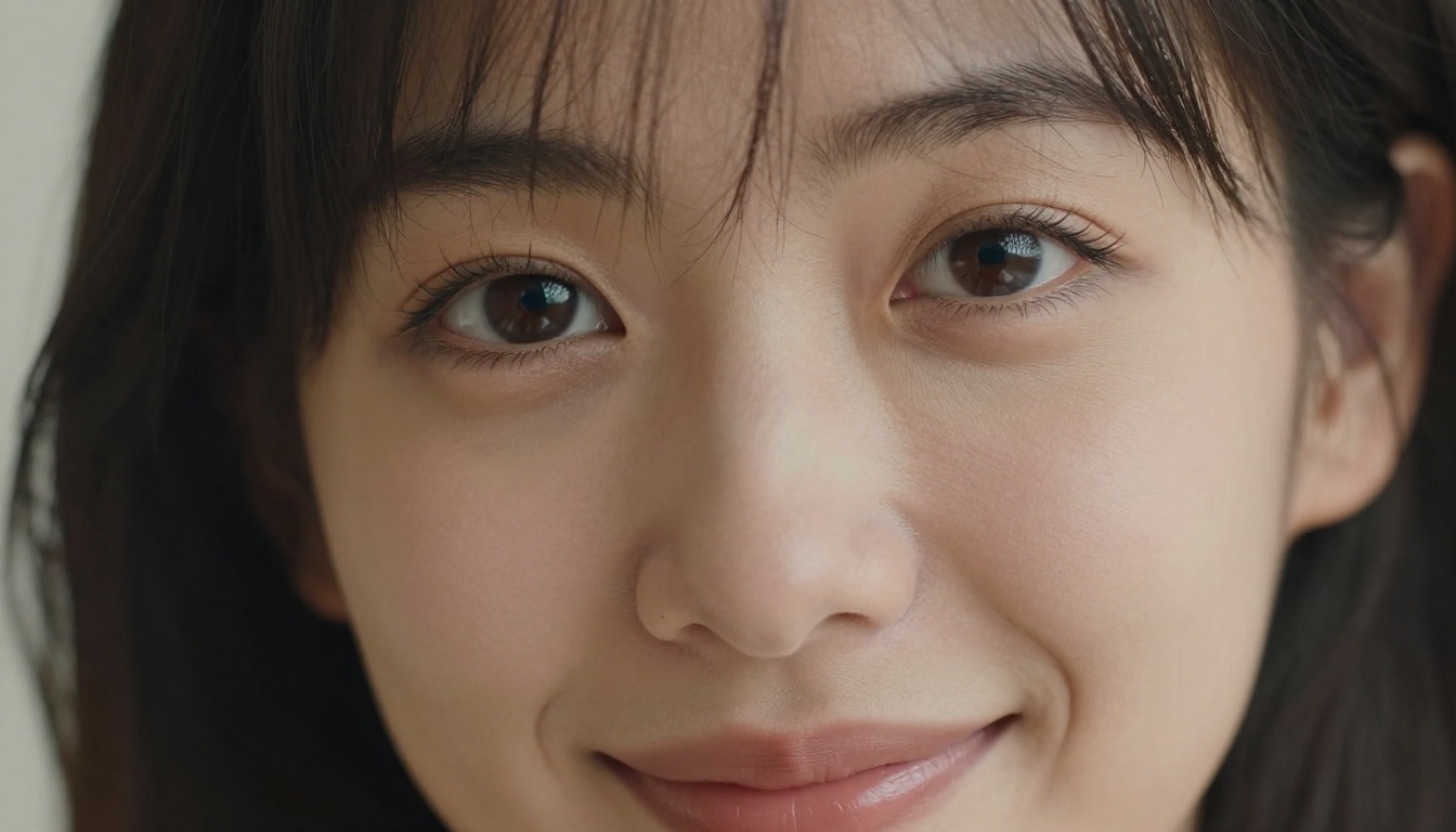 Extreme close-up portrait of a woman with dark knowing eyes and a faint smile in soft natural daylight