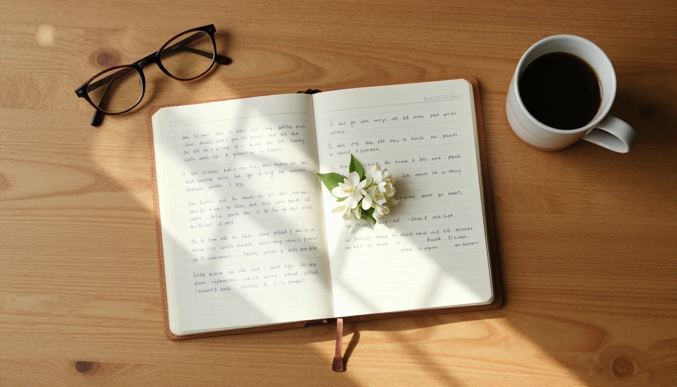 Overhead flat-lay of a leather journal filled with handwritten notes on a warm wooden desk, morning light casting window-pane shadows