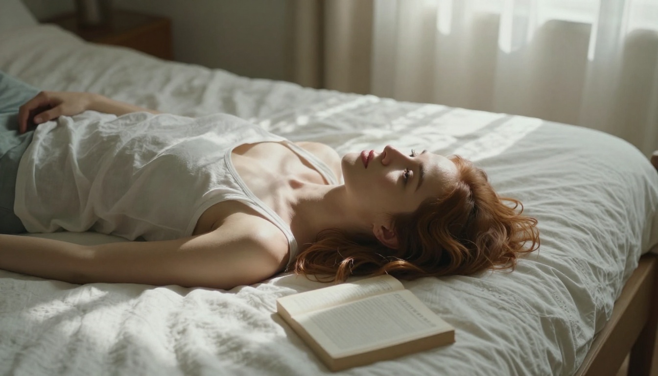 Woman with auburn hair lying on white linen, staring at the ceiling with a soft contemplative expression in morning light