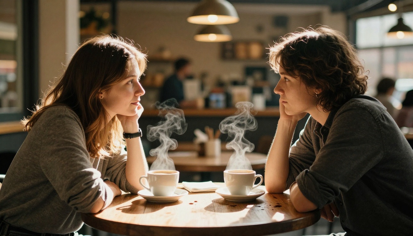 Two people in intimate conversation at a round cafe table, one woman leaning forward listening intently in warm afternoon light