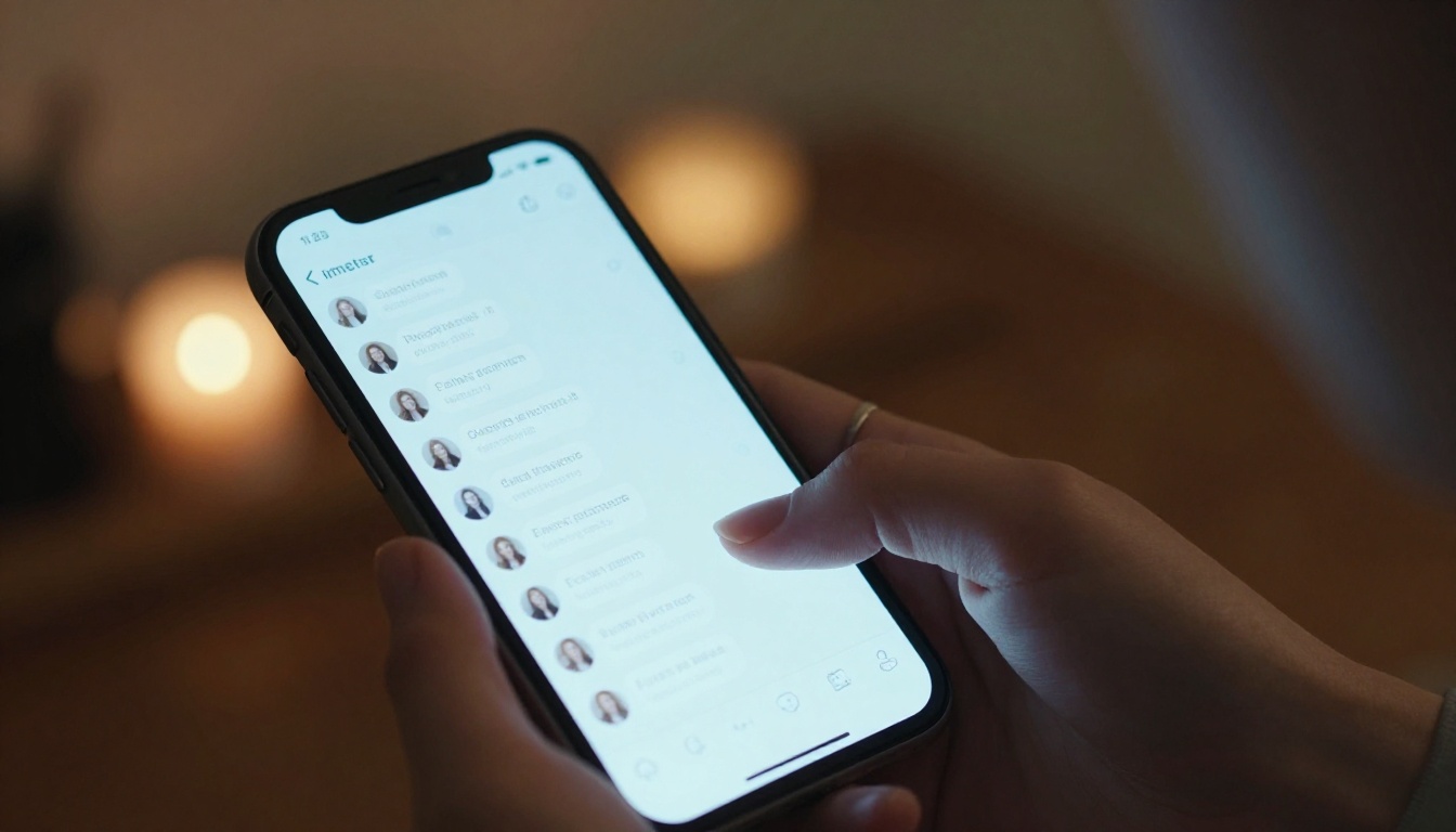 Smartphone held in a woman's hand, screen showing a chat interface with soft warm bubbles in a dim evening room