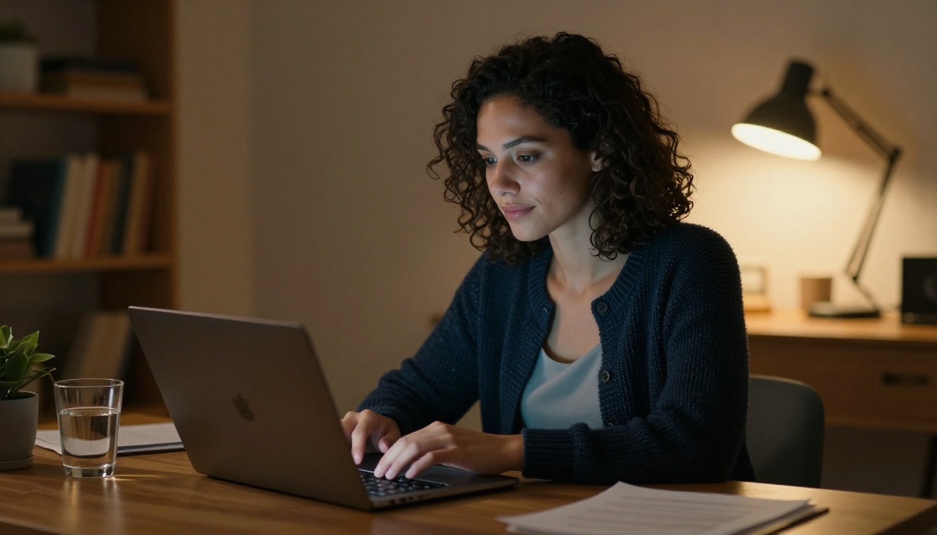 Woman with dark curly hair at a wooden desk, focused on a warm laptop screen in early morning light