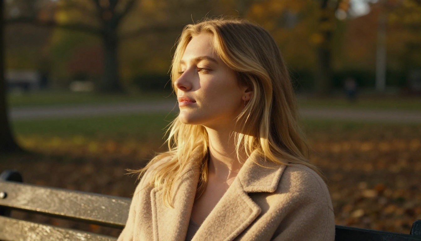 Young woman on a park bench in warm golden backlit afternoon sun, eyes gently closed in serene expression