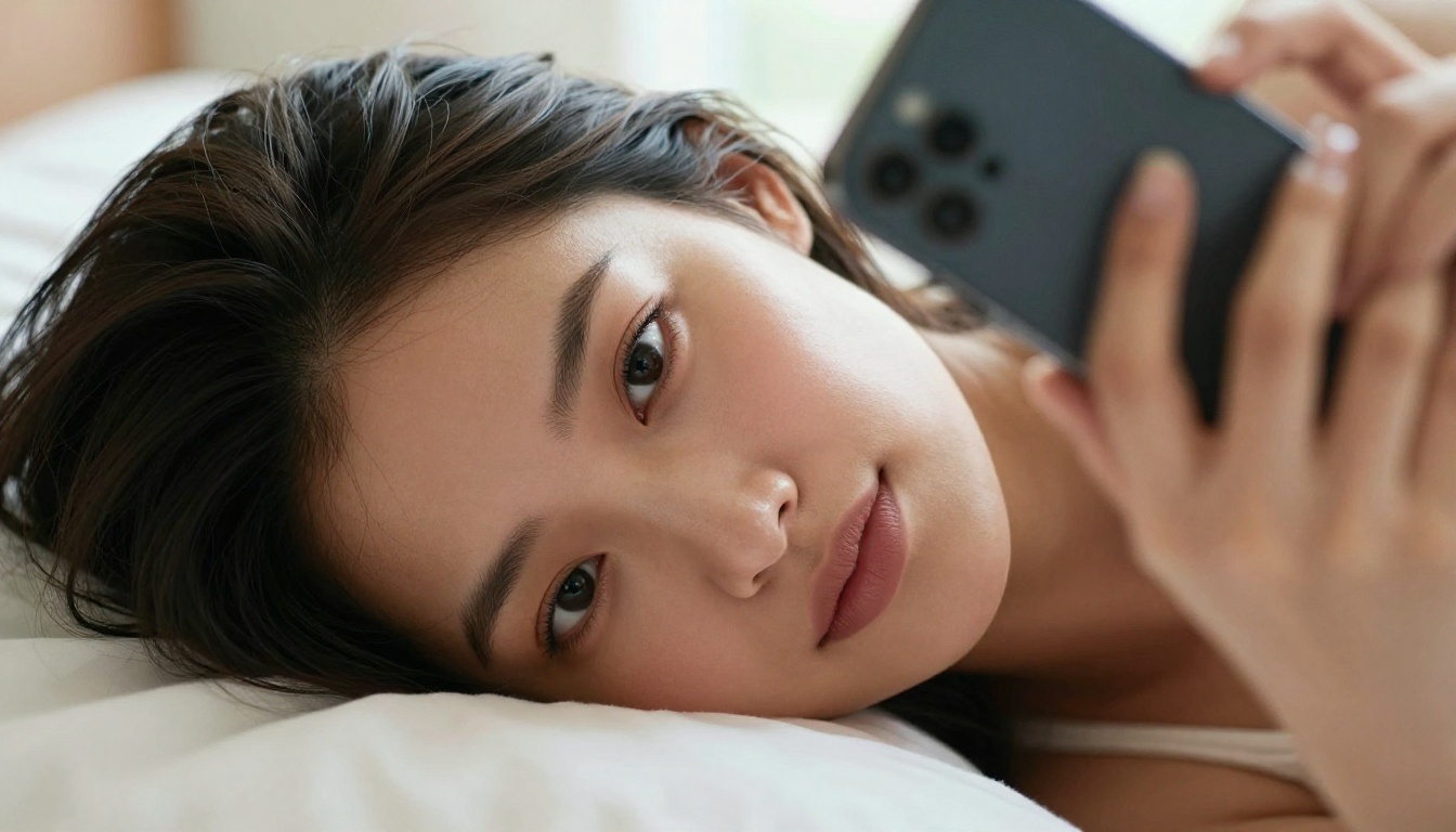 Beautiful woman lying on pillow with phone