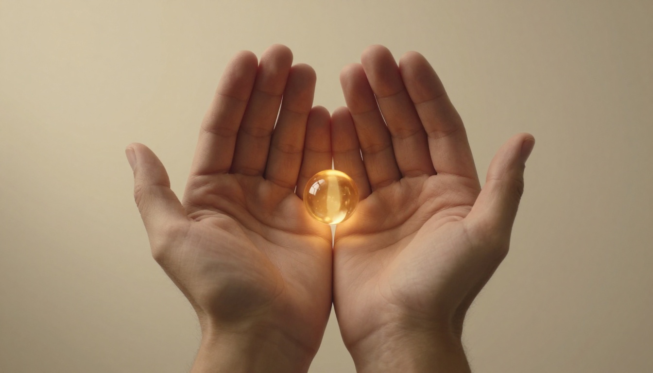Abstract close-up of two open palms with a warm amber orb hovering above them in soft natural light