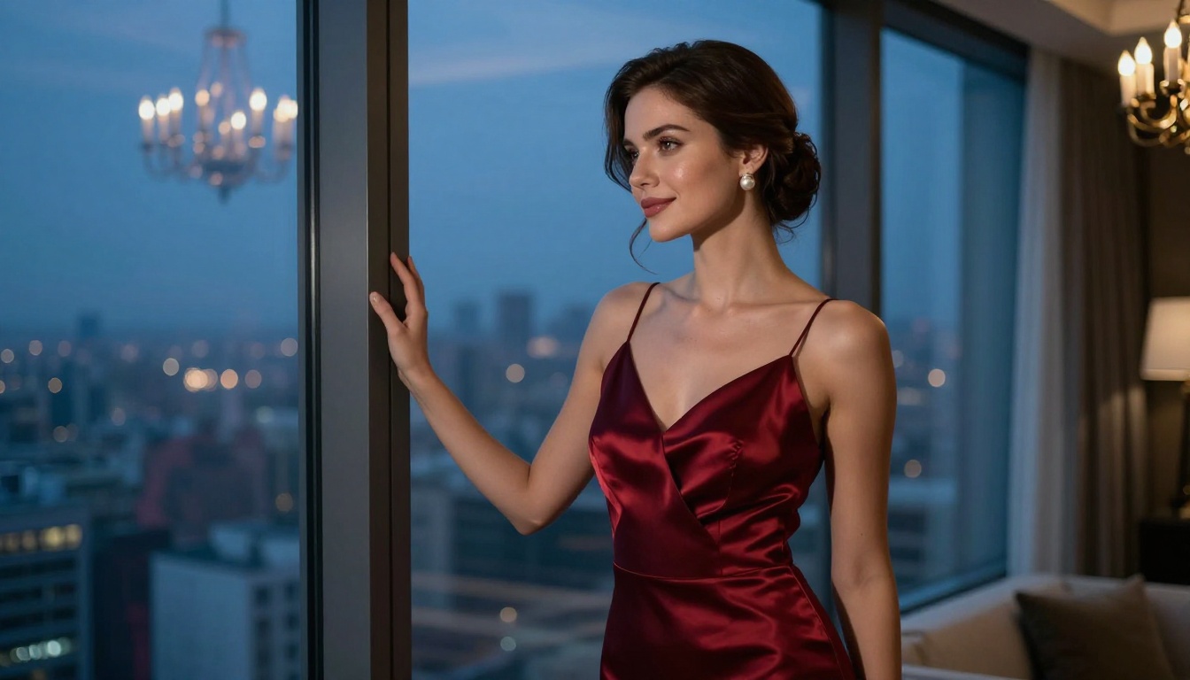 Penthouse evening portrait of AI-generated woman in crimson evening dress