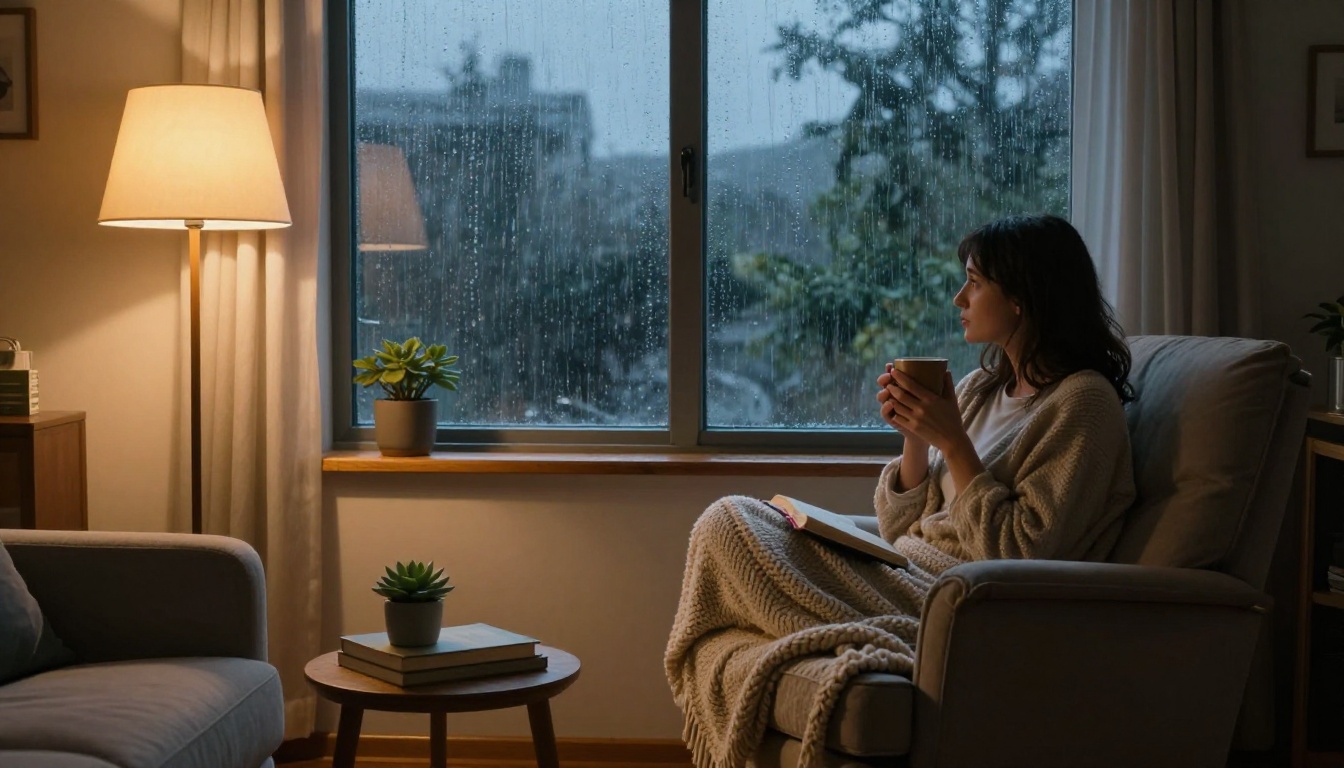Woman curled in an armchair looking out at rain through a large window, warm interior lamp versus cool blue twilight outside
