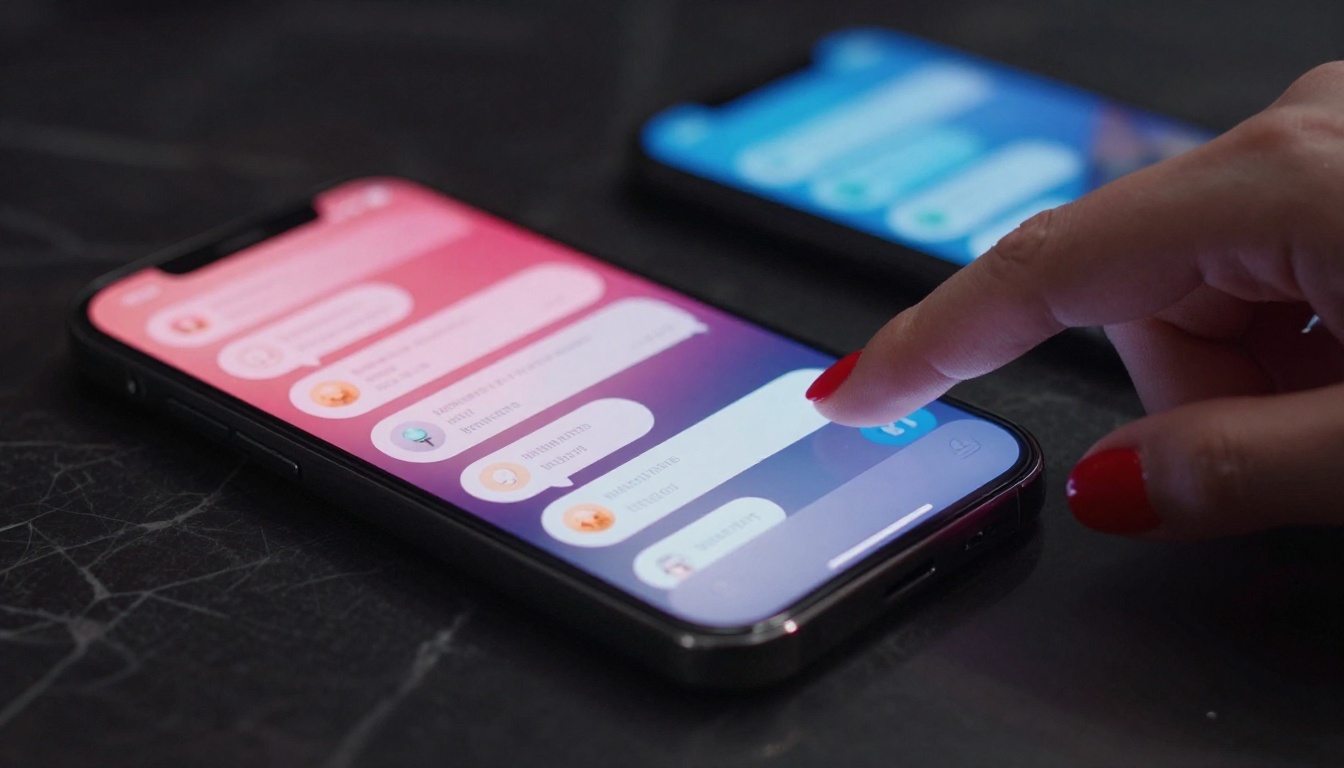 Chat bubbles on two phones, woman's hand reaching in