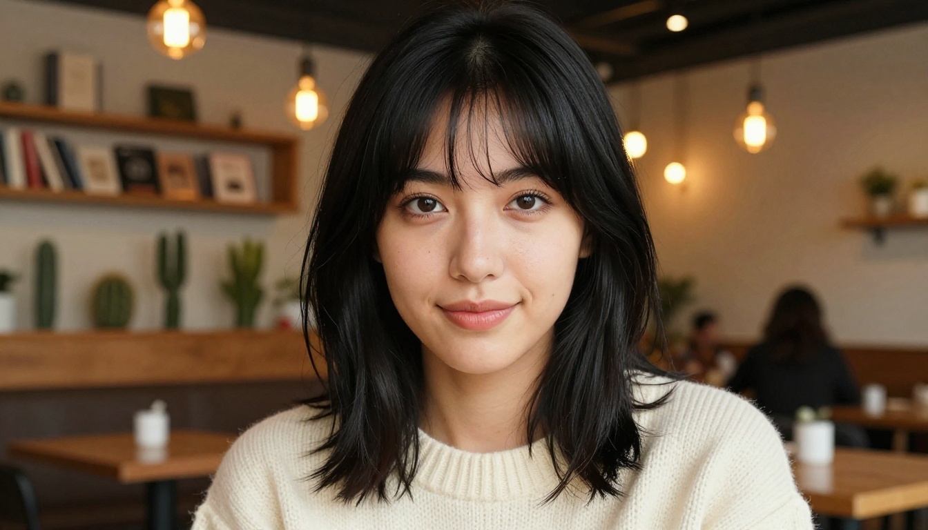 Dark-haired woman with a confident expression seated in a warm amber-lit cafe interior