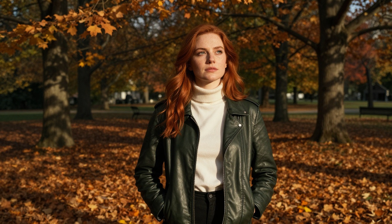 Autumn park low-angle portrait with photorealistic AI girlfriend result