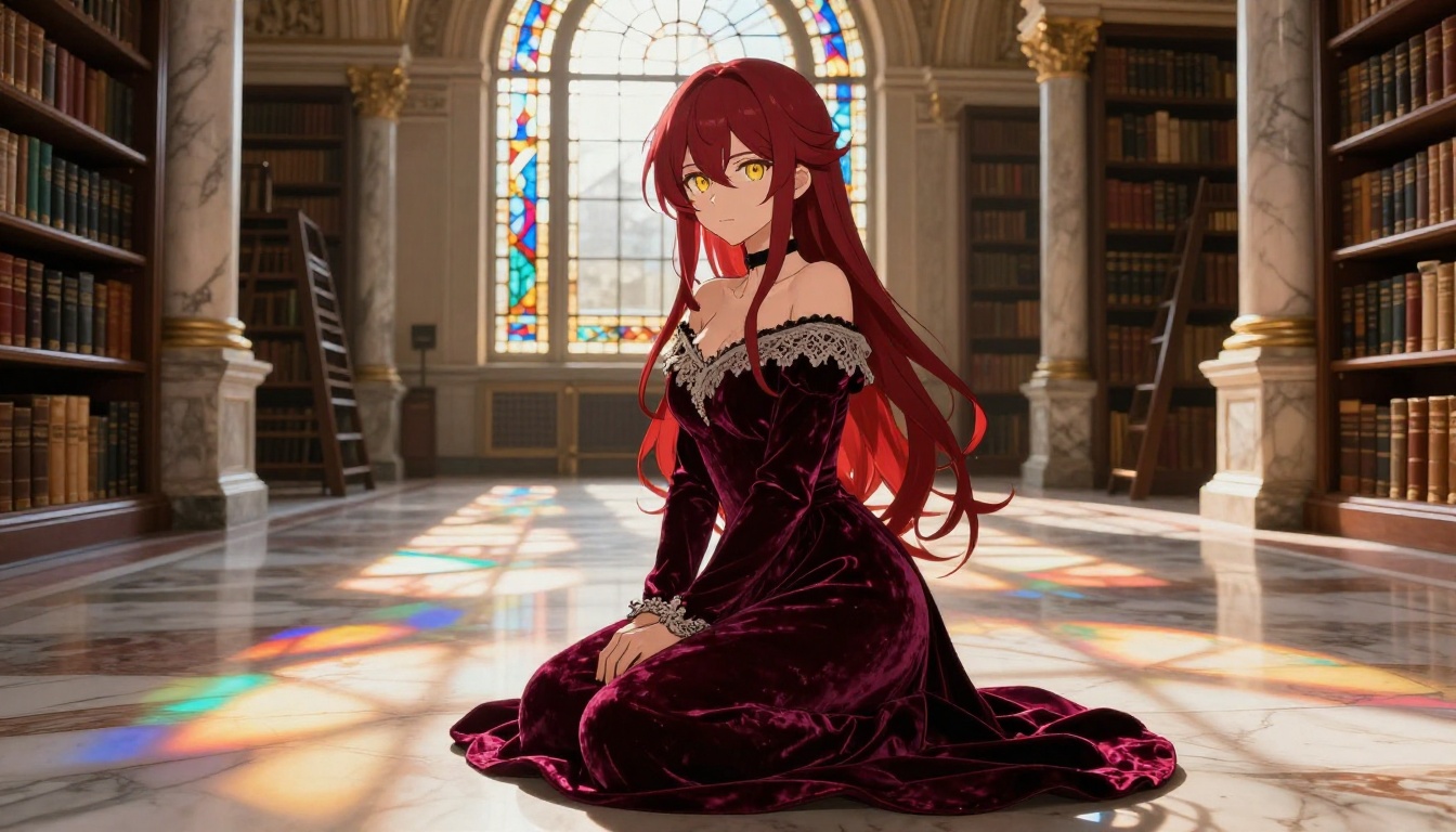 Anime woman in grand library hall, velvet gown, photorealistic 8K