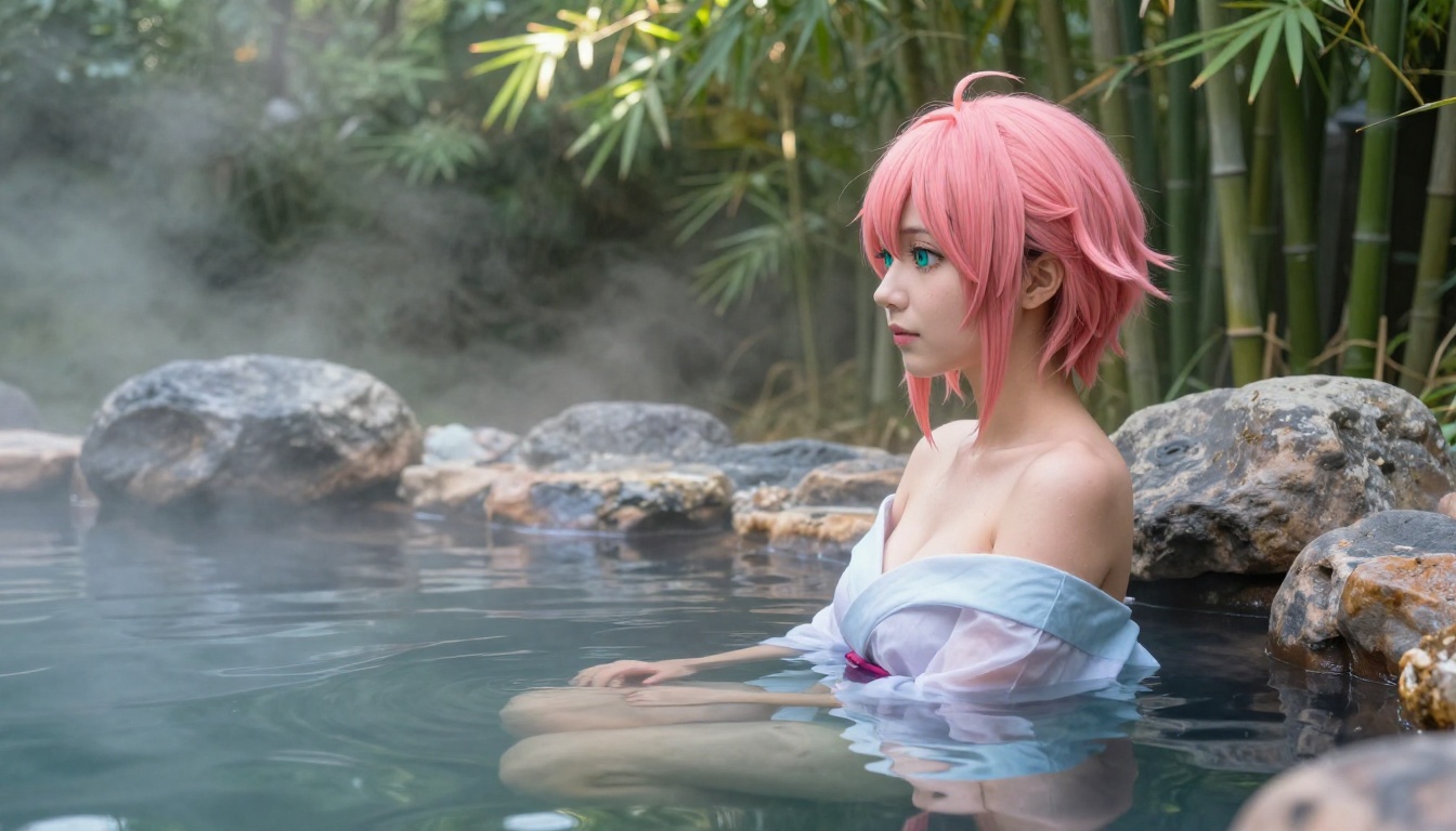 Anime woman in natural hot spring, traditional yukata, photorealistic 8K