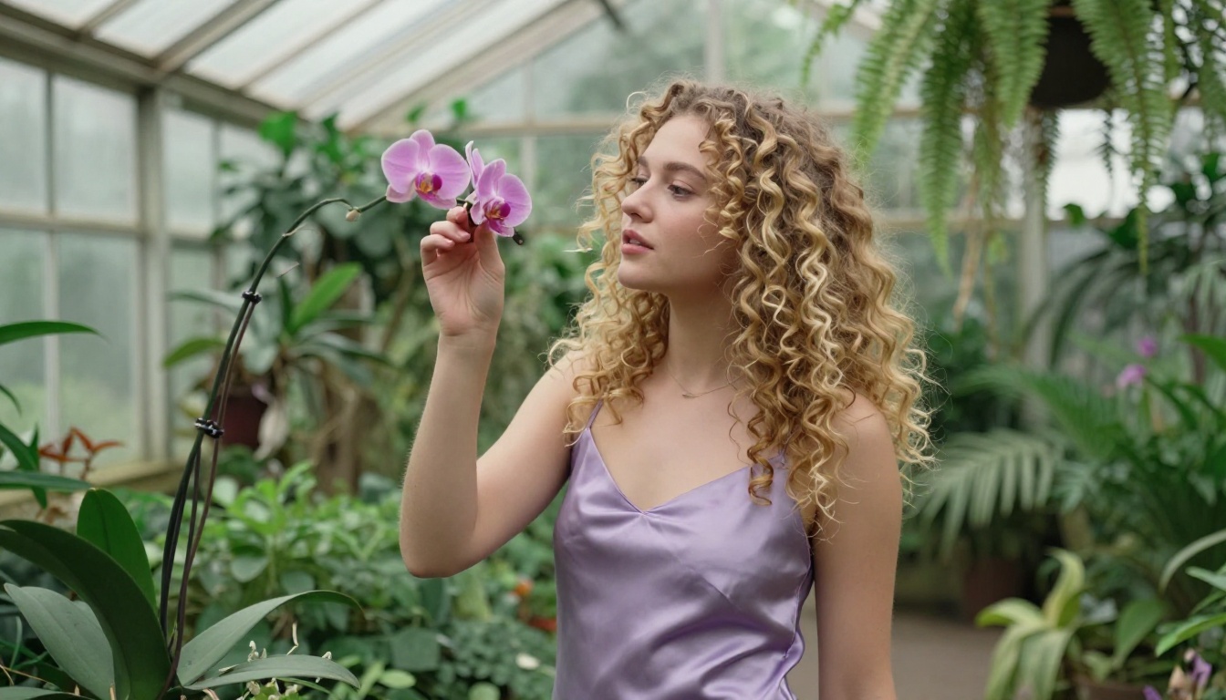 Curly blonde woman in a lilac slip dress surrounded by tropical plants in a sunlit greenhouse