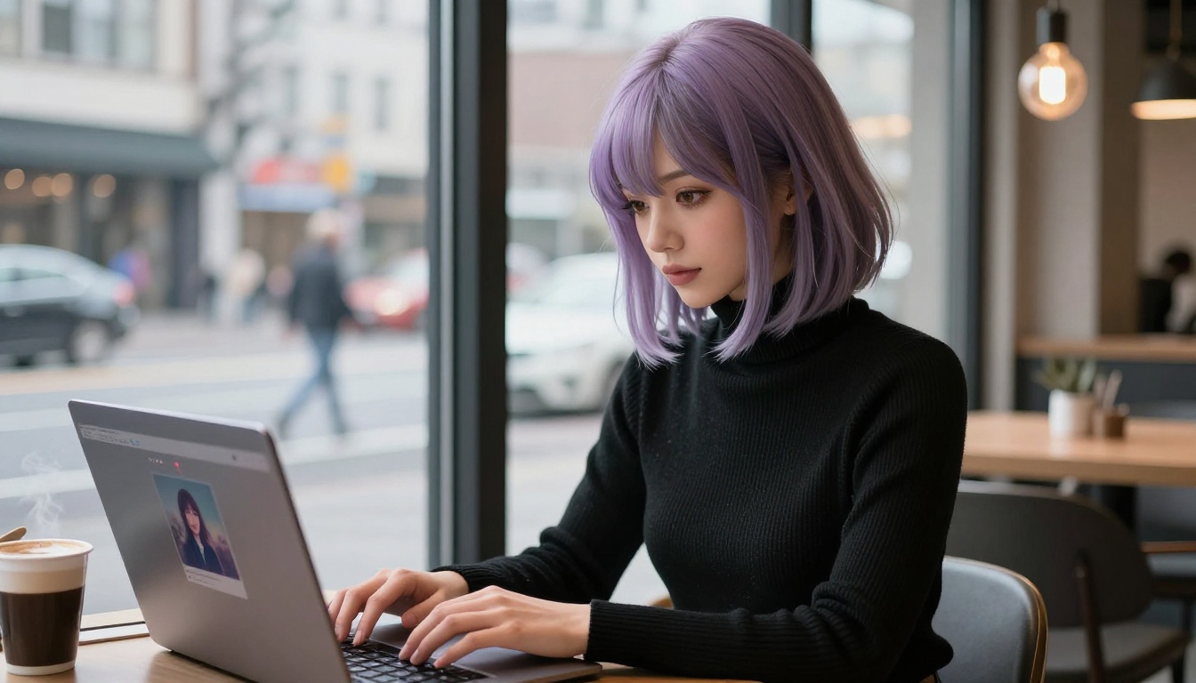Anime woman at laptop in minimalist cafe, lifestyle photography, photorealistic 8K