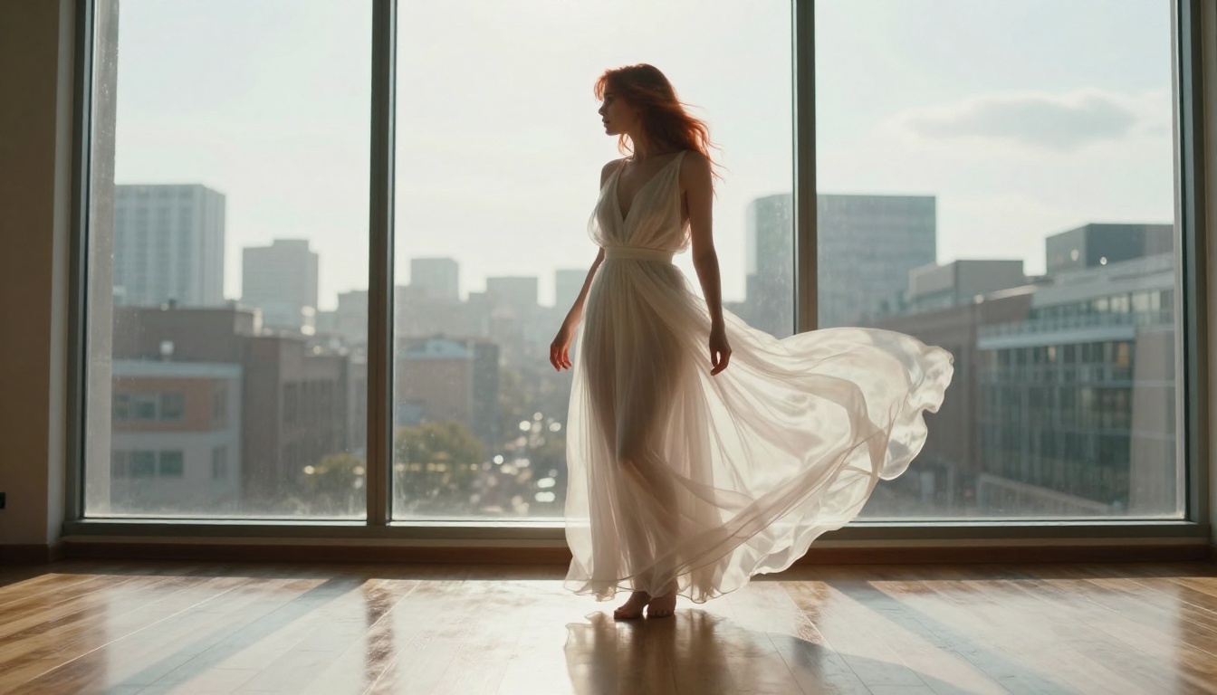 Woman in sheer white dress backlit by morning sunlight