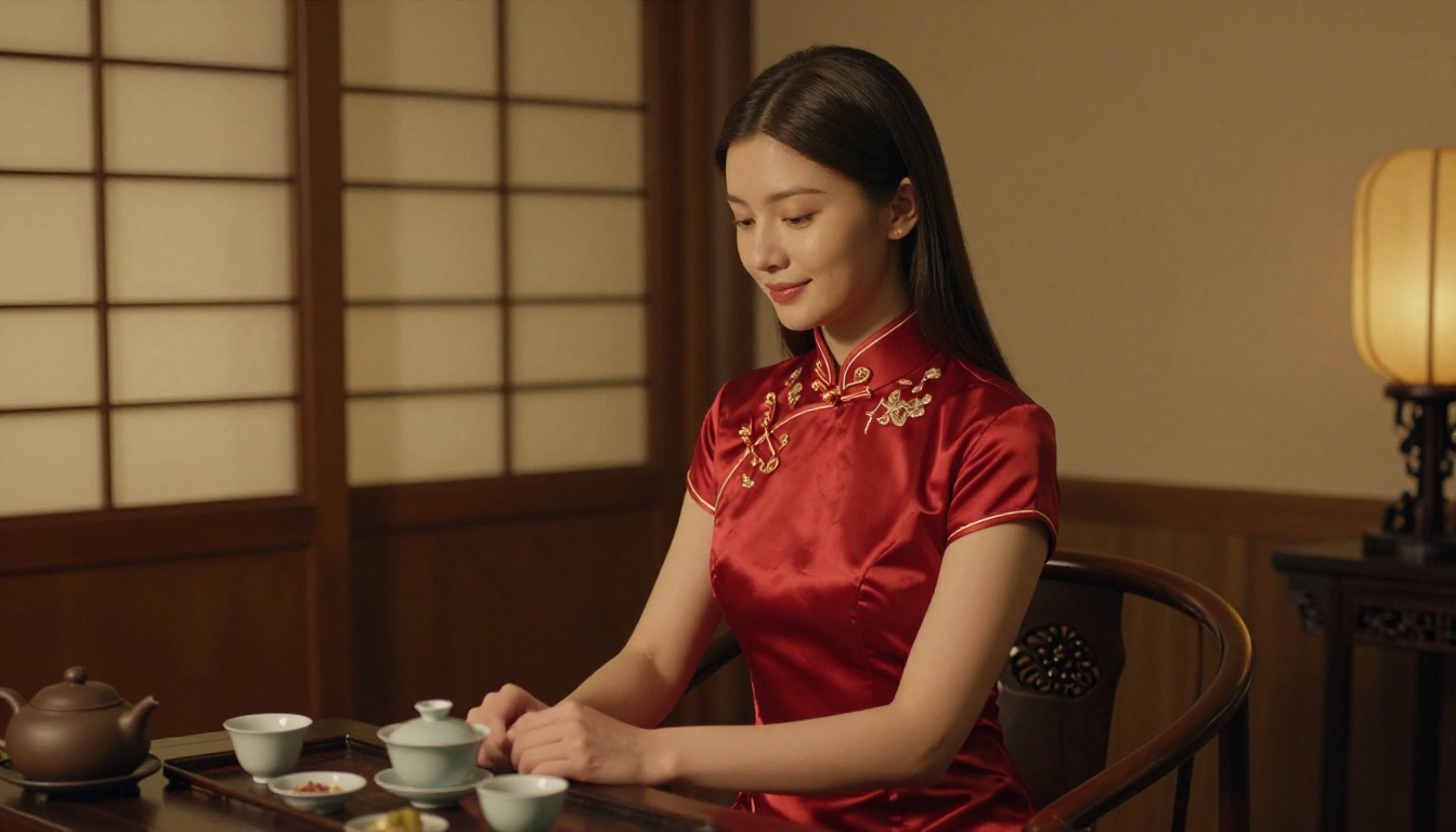 Elegant woman in a crimson gold-embroidered qipao seated at a traditional lacquer tea room desk