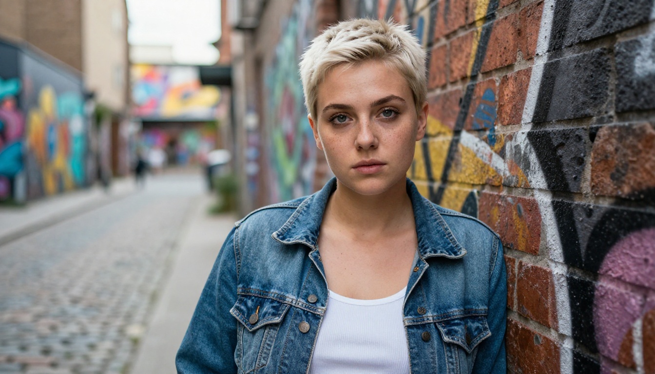 Platinum-haired woman with a confident expression leaning against a colorful graffiti wall in an urban alleyway