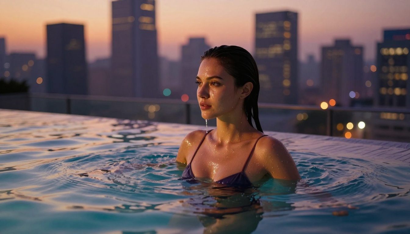 Rooftop pool scene at dusk demonstrating realistic water and skin rendering quality Rooftop pool scene at dusk demonstrating realistic water and skin rendering quality