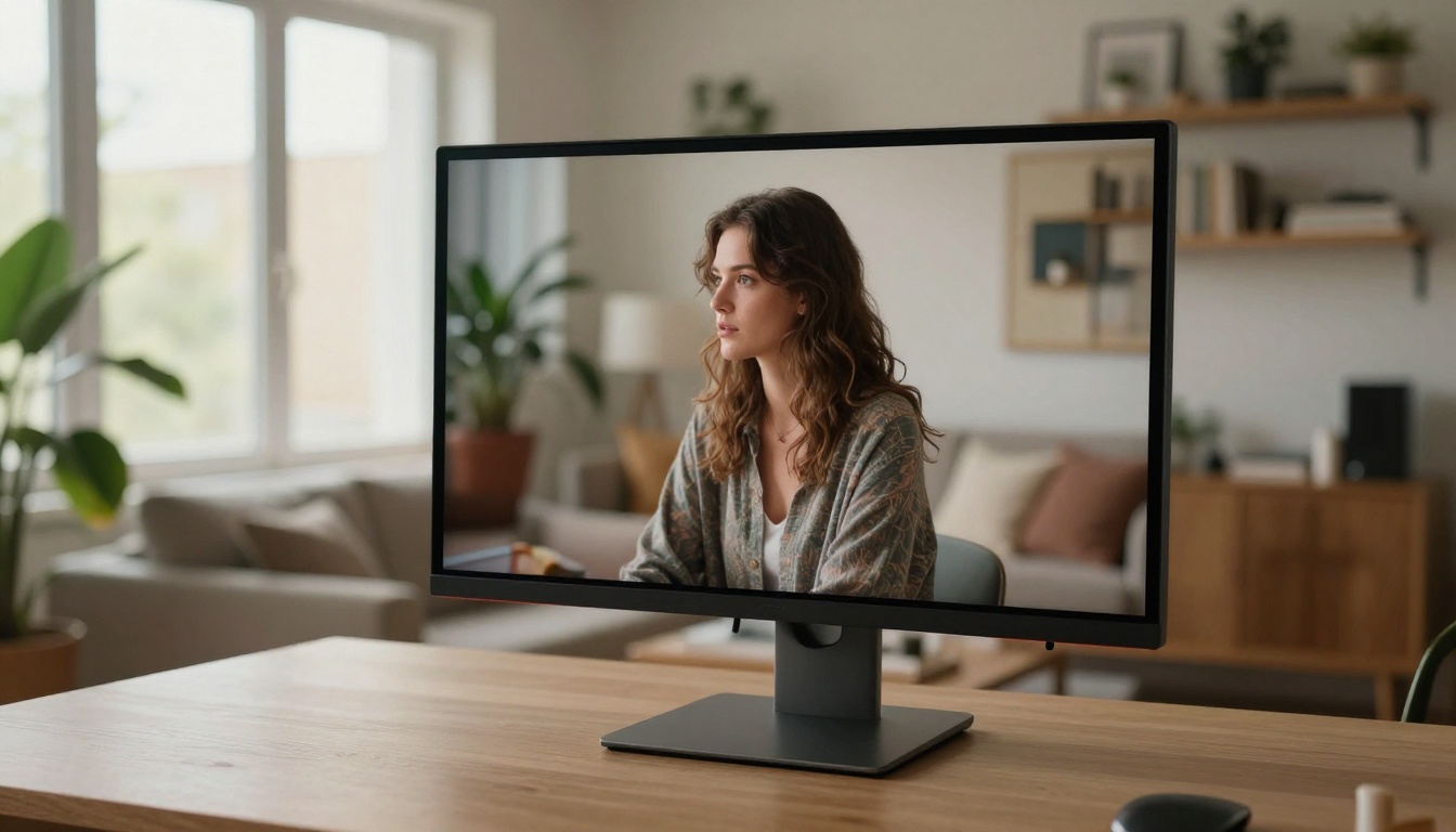 Monitor displaying AI video content in living room