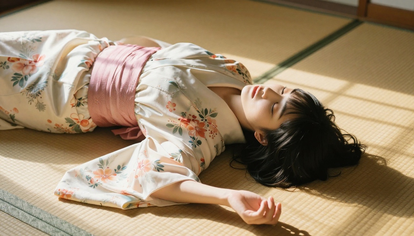 Aerial view of woman in silk kimono on tatami mat