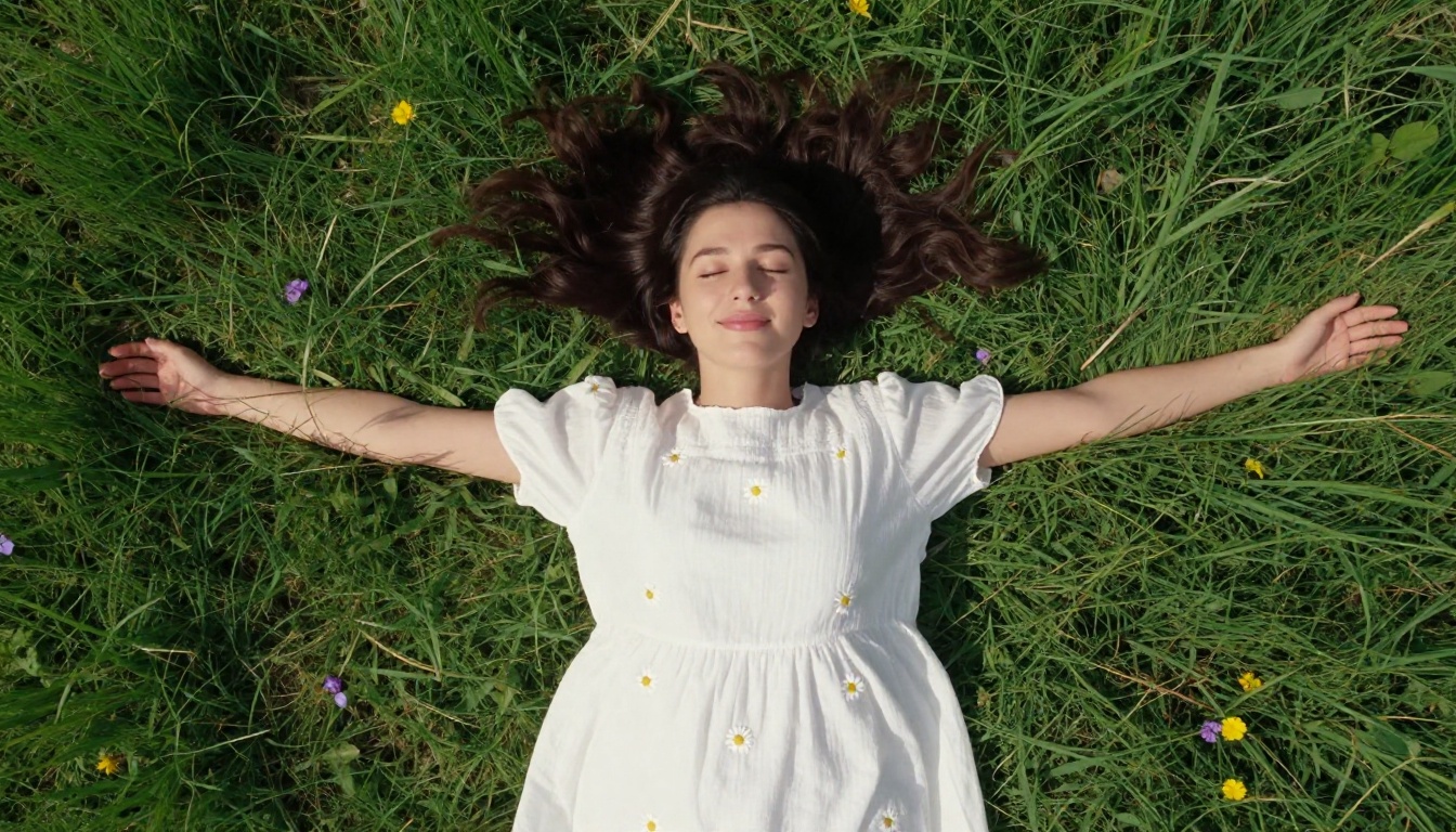 Woman lying in a wildflower meadow seen from directly above, arms spread wide, white dress against lush green grass