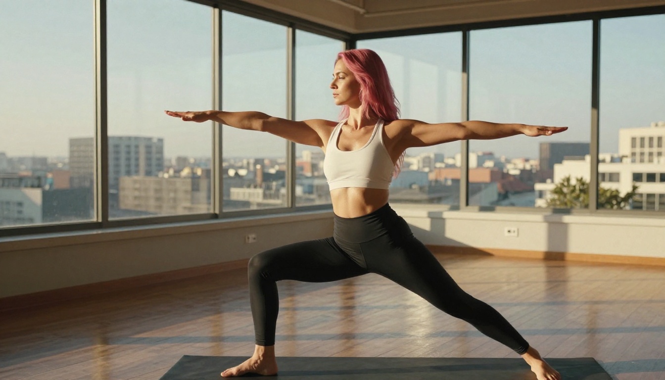 Pink-haired woman holding a graceful yoga warrior pose on a rooftop studio with a panoramic city skyline behind her