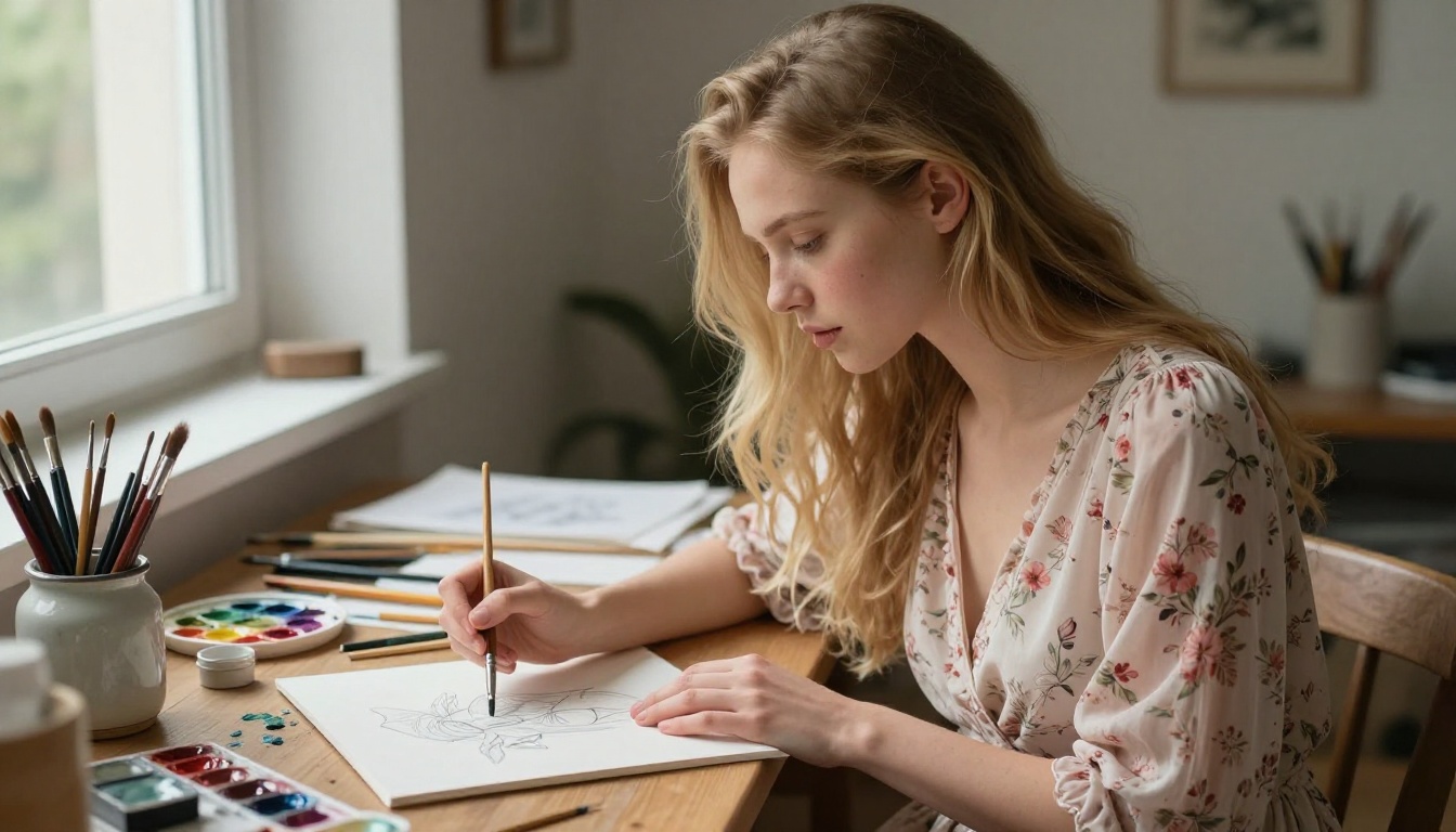 Strawberry-blonde woman painting at a wooden art desk surrounded by watercolor paints and brushes in natural north light