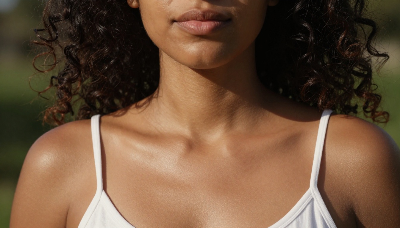 Close-up portrait of woman with curly hair, natural skin texture, terracotta tones