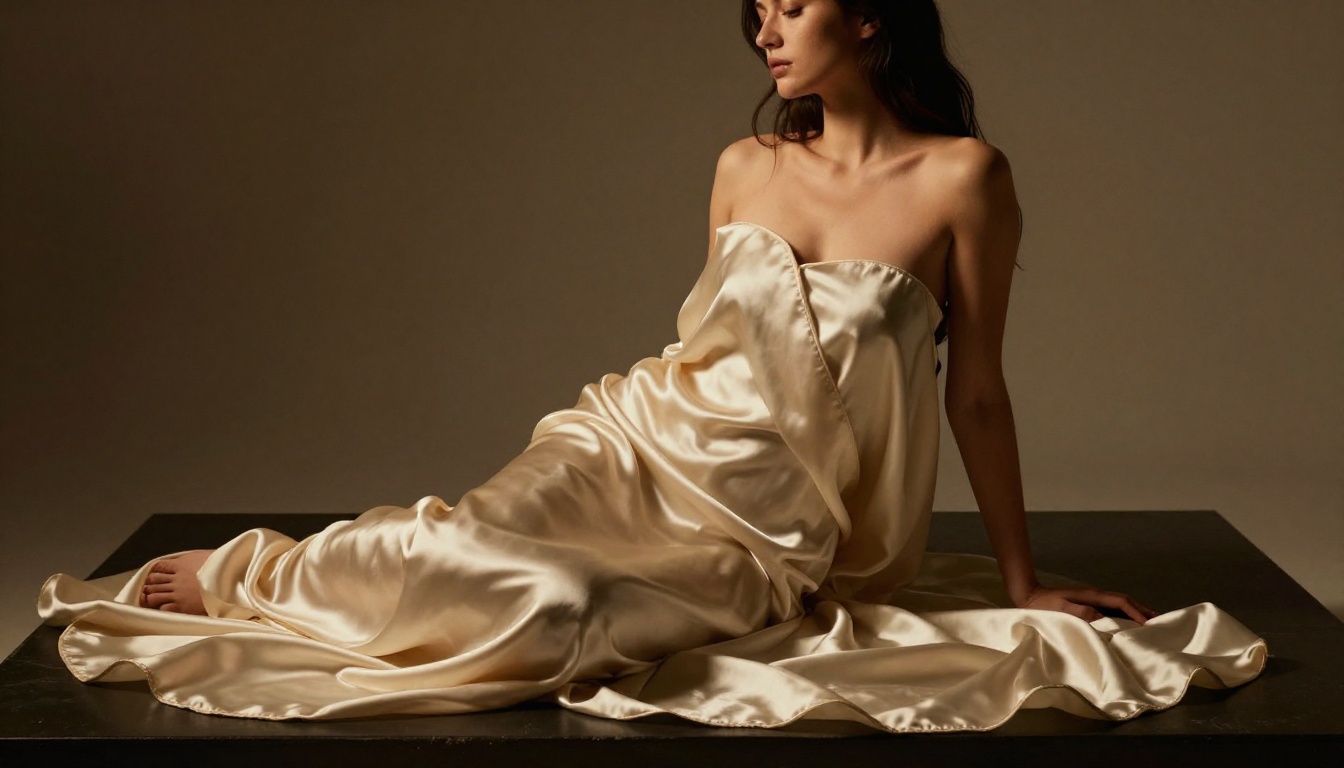 Studio portrait woman in champagne satin sheet, dramatic chiaroscuro lighting