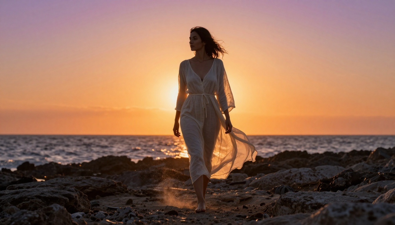 Woman in sheer ivory beach cover-up on Mediterranean coastline at sunset, backlit silhouette