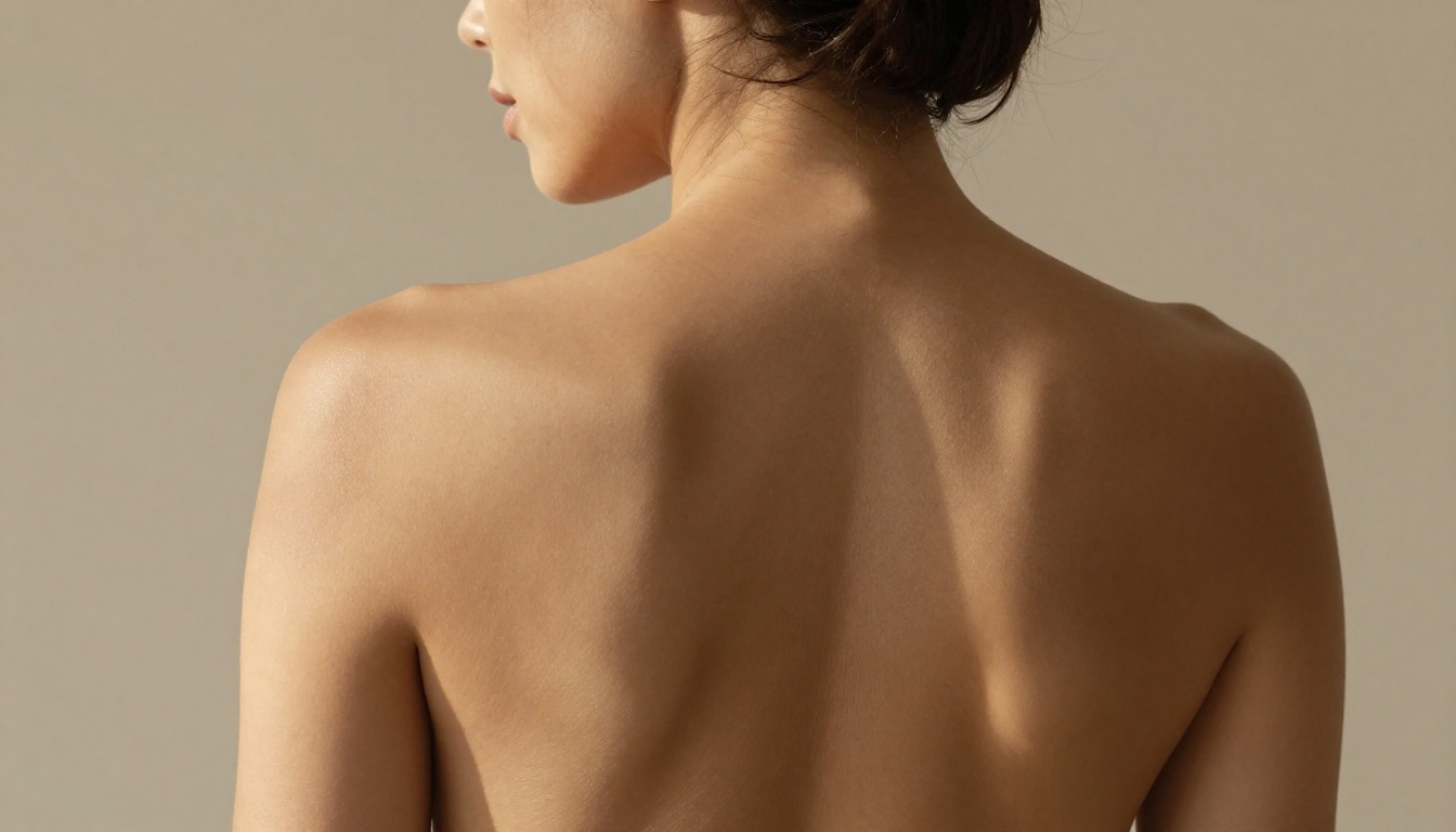 Woman's bare back and shoulders, window light, caramel skin tones, 135mm photorealistic portrait