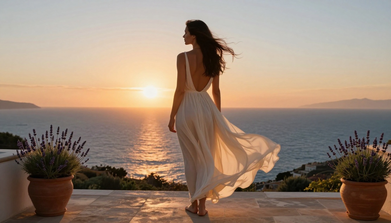 Woman standing barefoot on private villa terrace overlooking the Mediterranean at golden hour