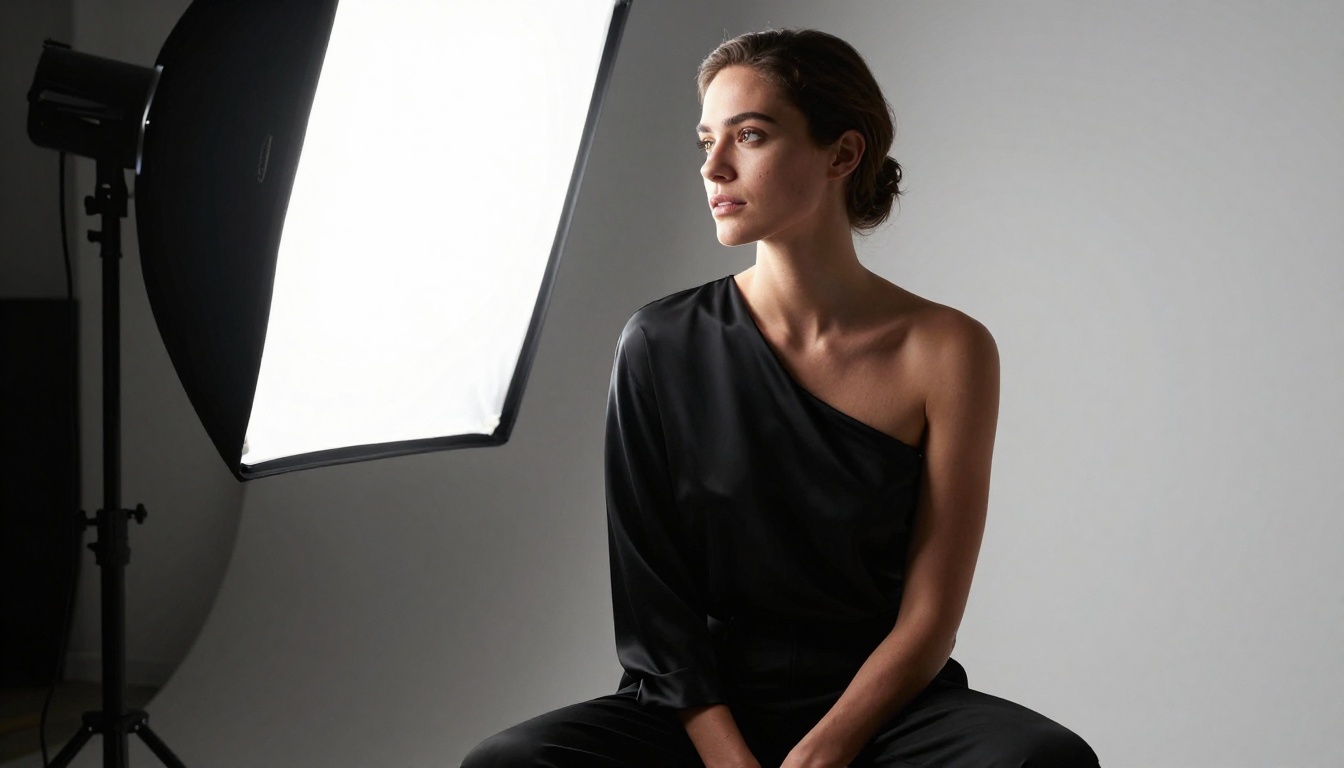 Dramatic chiaroscuro split-lighting editorial portrait with high contrast shadows