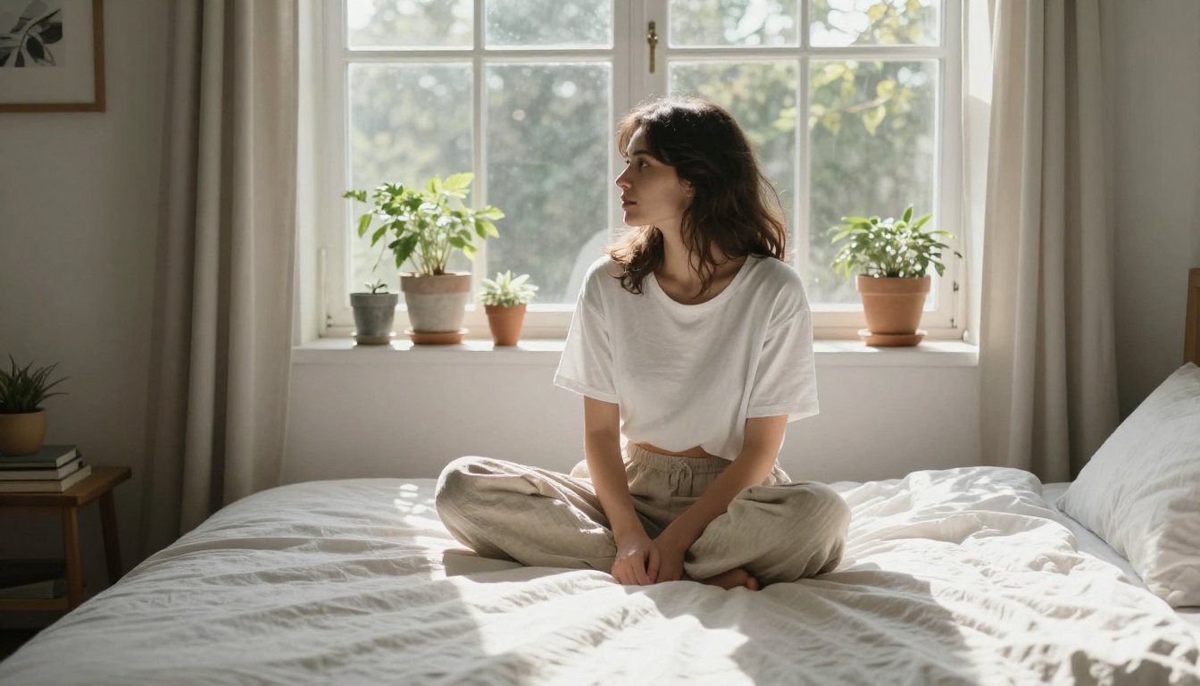 Woman sitting cross-legged on bed near floor-to-ceiling window in bright Scandinavian bedroom