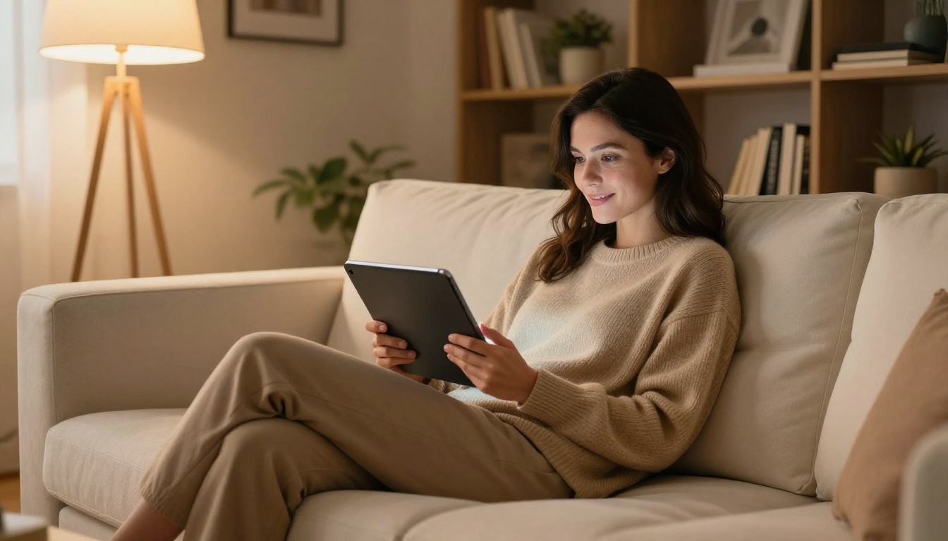 Woman relaxing on modern sofa with tablet discovering AI art creation on PicassoIA