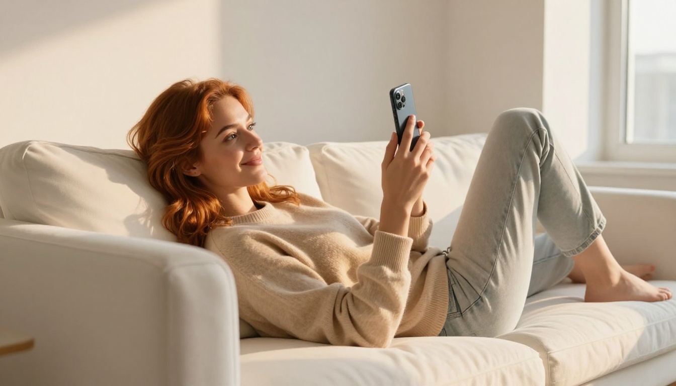 Woman lying on sofa reading phone with complex expression Woman lying on sofa reading phone with complex expression
