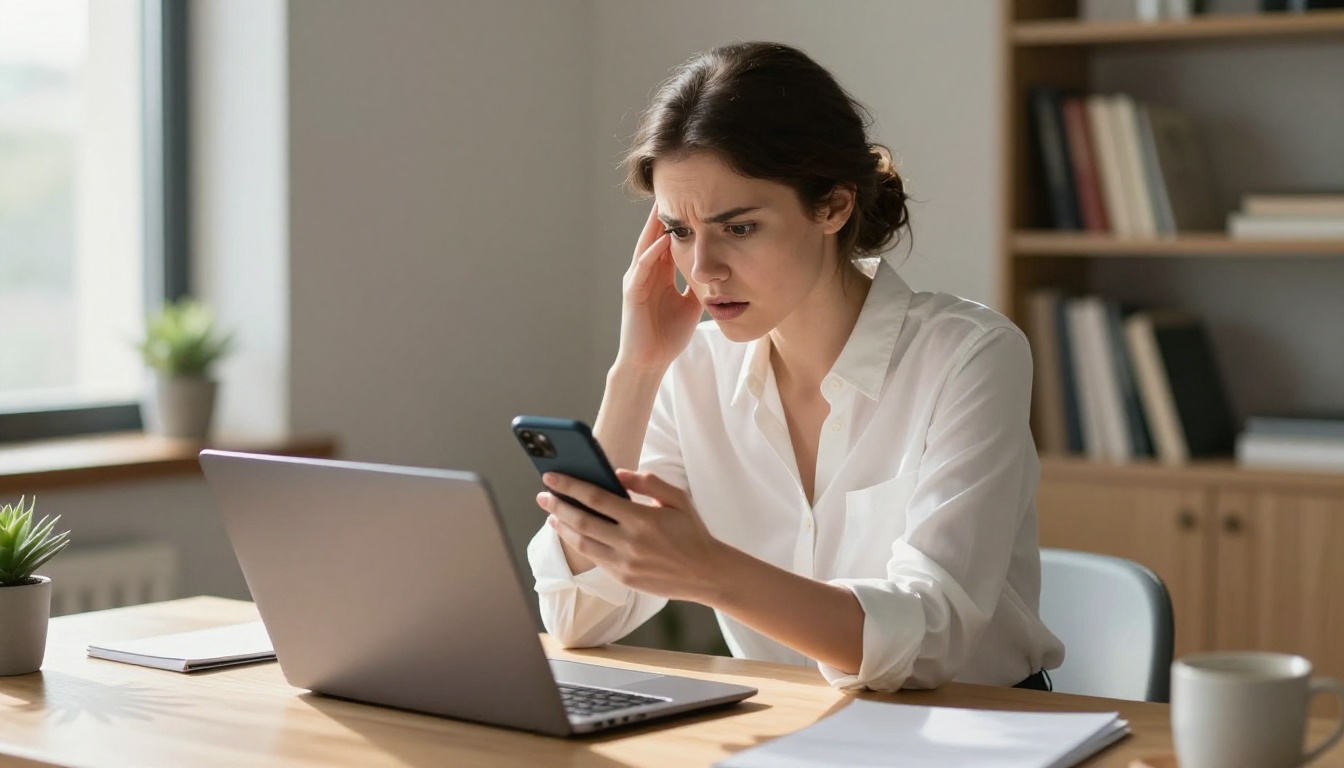 Woman at desk looking at phone with concern Woman at desk looking at phone with concern