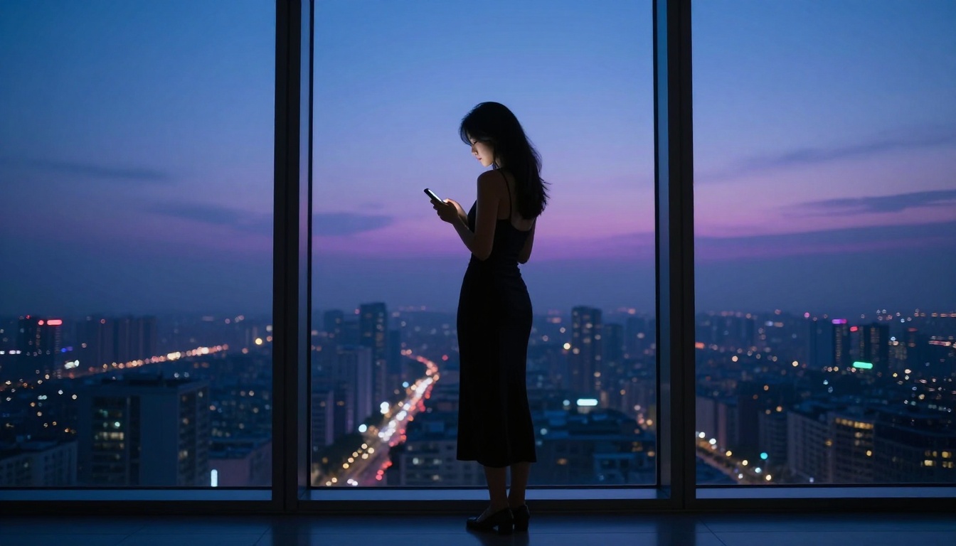Woman at window at twilight holding phone Woman at window at twilight holding phone