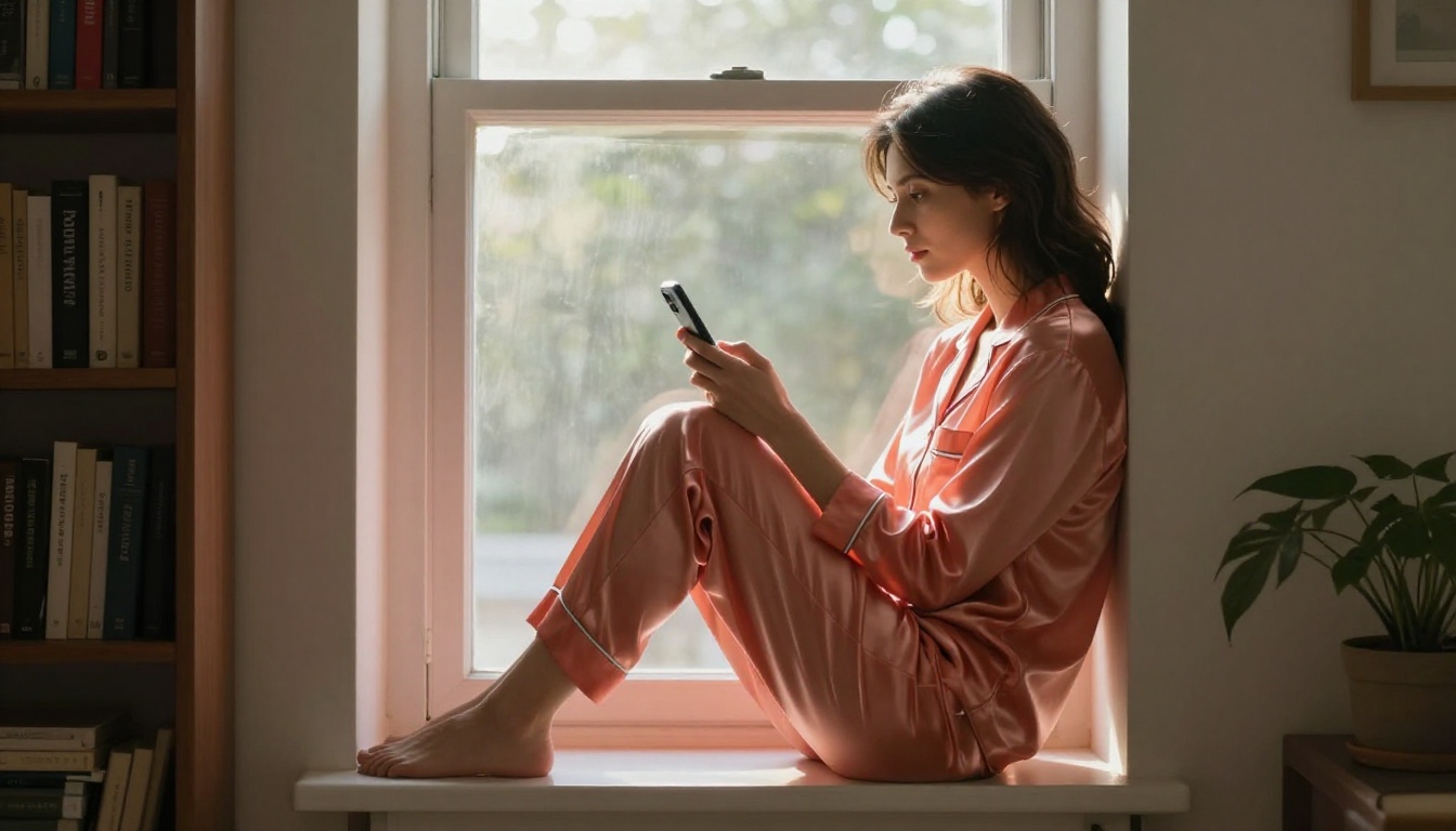 Woman on window seat holding phone with warm backlight Woman on window seat holding phone with warm backlight