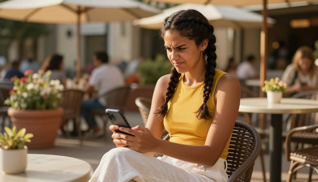 Woman at outdoor cafe with crossed arms and knowing expression Woman at outdoor cafe with crossed arms and knowing expression
