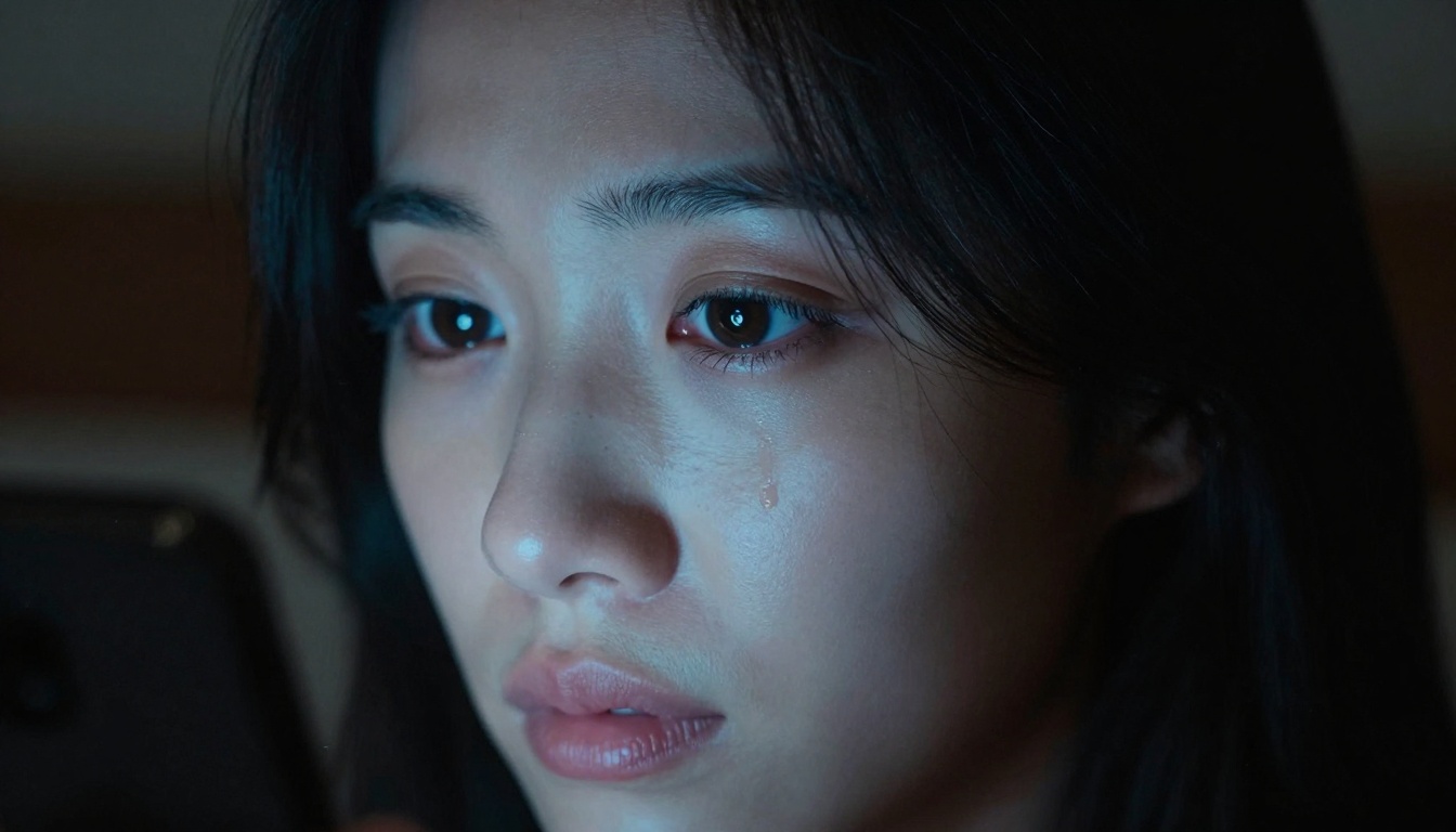 Woman's face in near-darkness illuminated by phone glow Woman's face in near-darkness illuminated by phone glow