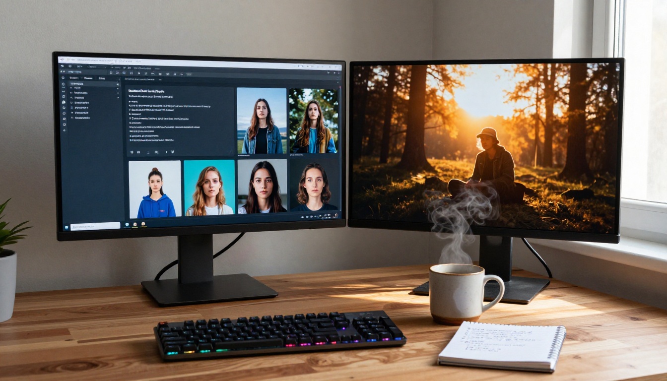 AI image generation interface on dual monitor setup AI image generation interface on dual monitor setup